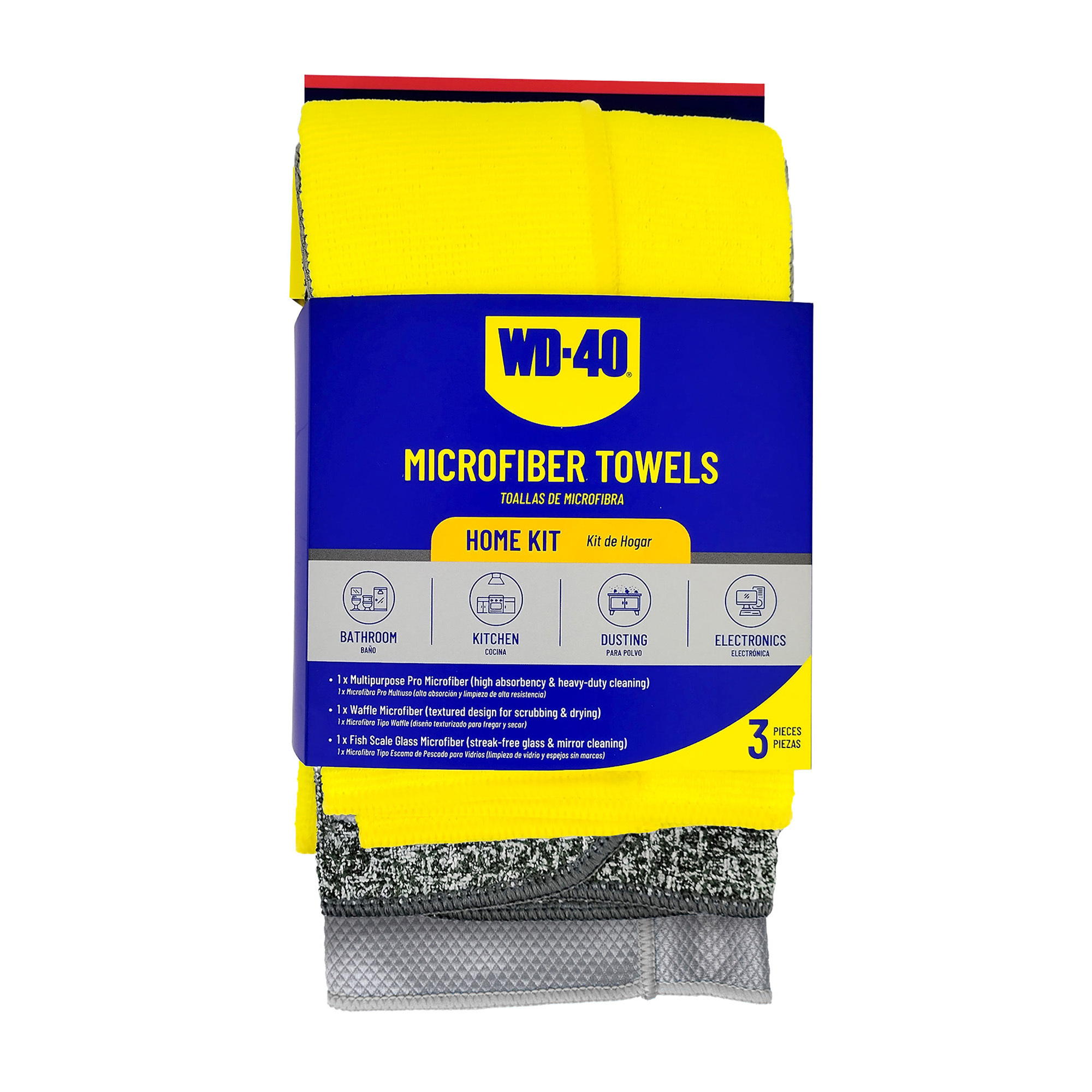 WD-40 Microfiber Towel Home Kit — 3 Pack, Multipurpose, Waffle, Glass, 280-300 GSM, Model# L40310